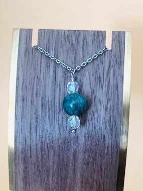 Round  turquoise & clear crystal pendant silver wire wrapped plus necklace